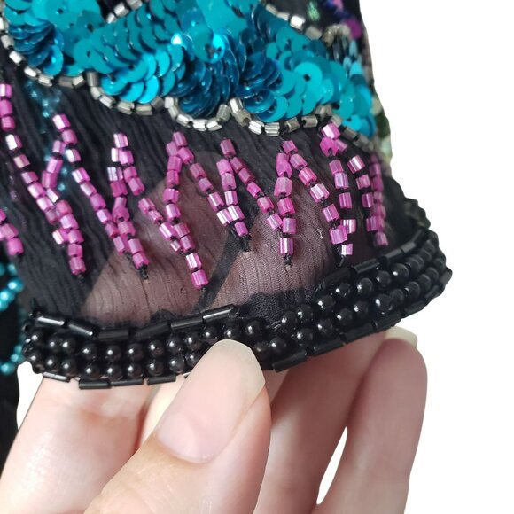 Vintage Sweelo Beaded Sequin Dress 80s Prom Cocktail Black Rainbow Glam Fancy - Picture 8 of 15
